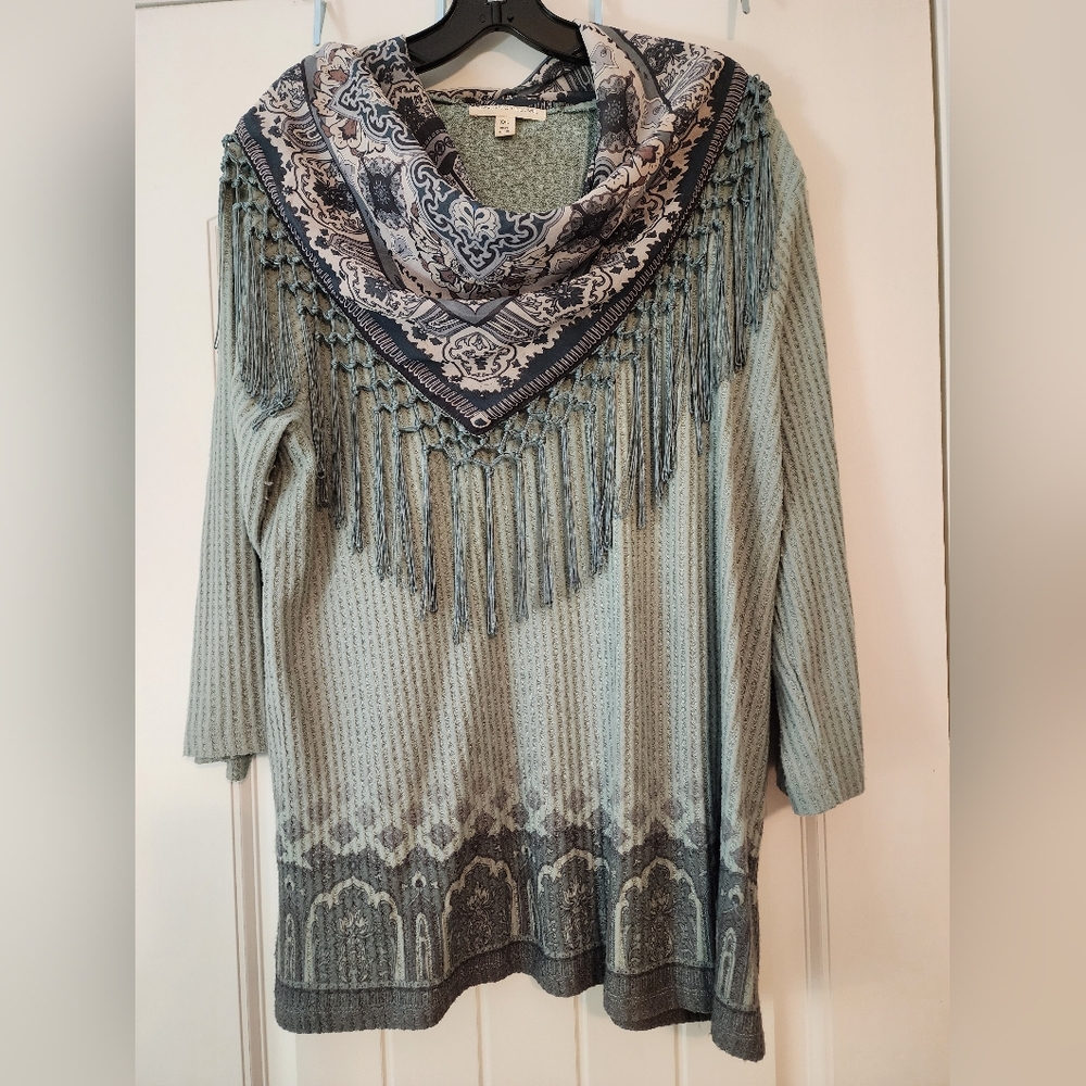 Cactus & Pearl Muted Green Tunic Optional Fringed Scarf XXL Soft Girl Western